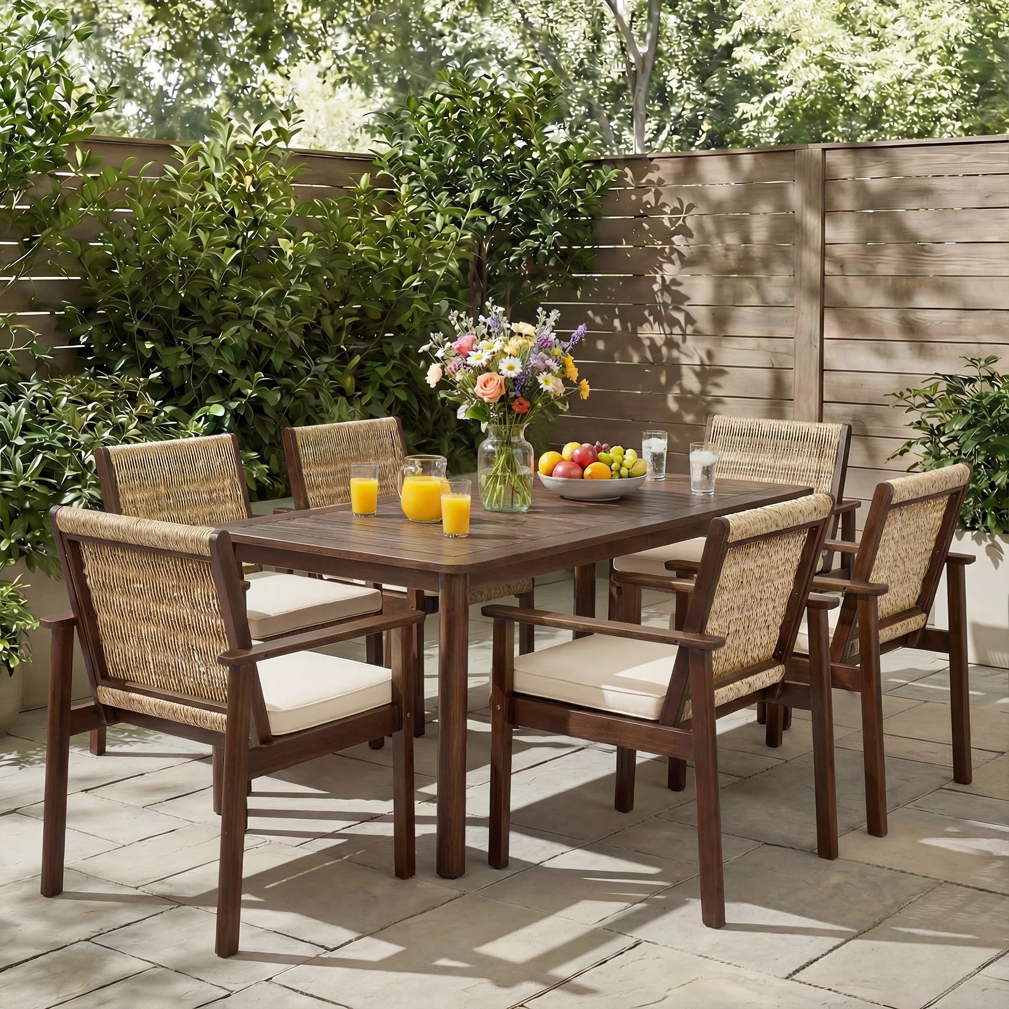 Marlowe 7-Piece Outdoor Modern Coastal Acacia Wood Dining Set With Wicker Chairs And Cushions | Wayfair North America
