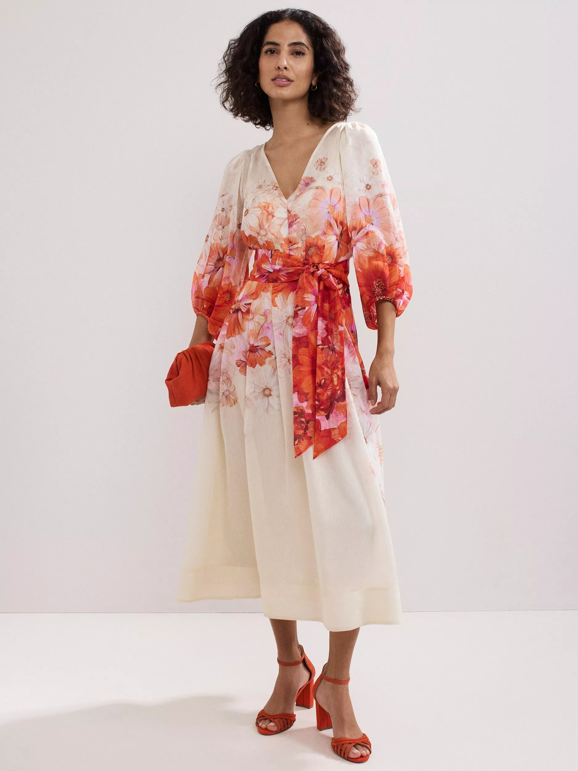 Phase Eight Jaslyn V-Neck Floral Print Linen Blend Midi Dress containing TENCEL™ Lyocell | John Lewis (UK)