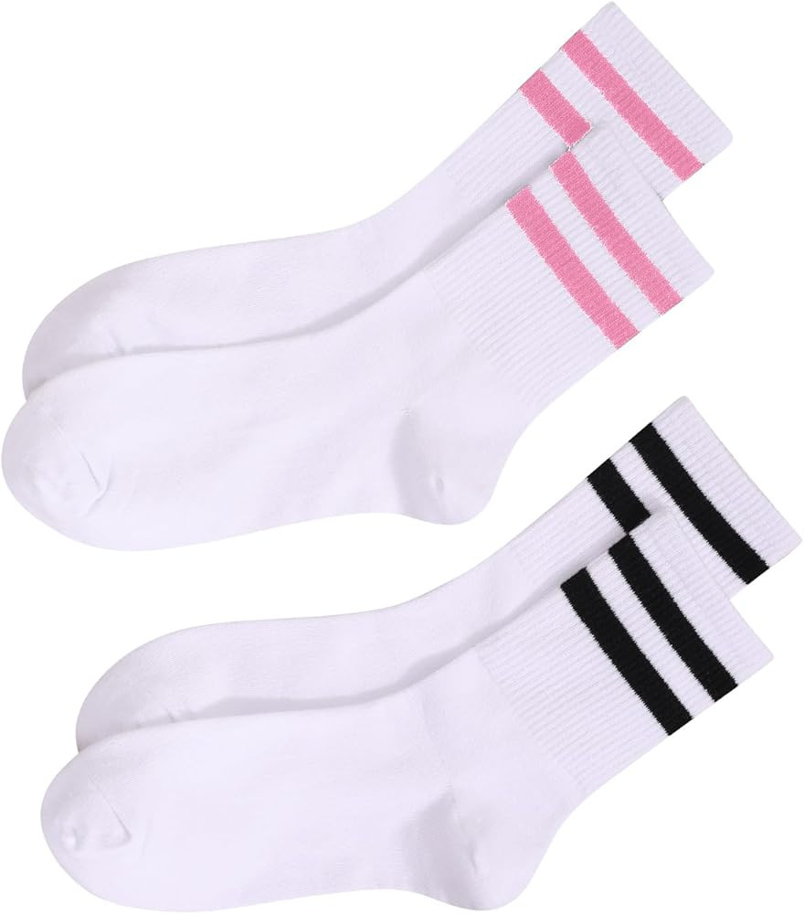 OYOANGLE Women's 2 Pairs Striped Trim Casual Crew Socks Simple Mid Calf Socks | Amazon (US)