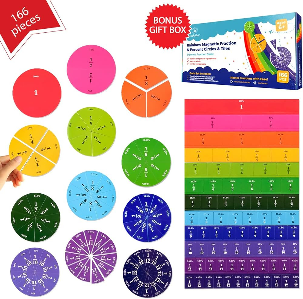 166 PCS Magnetic Fraction Tiles & Fraction Circles with Percentages - Math Manipulatives for Elem... | Amazon (US)