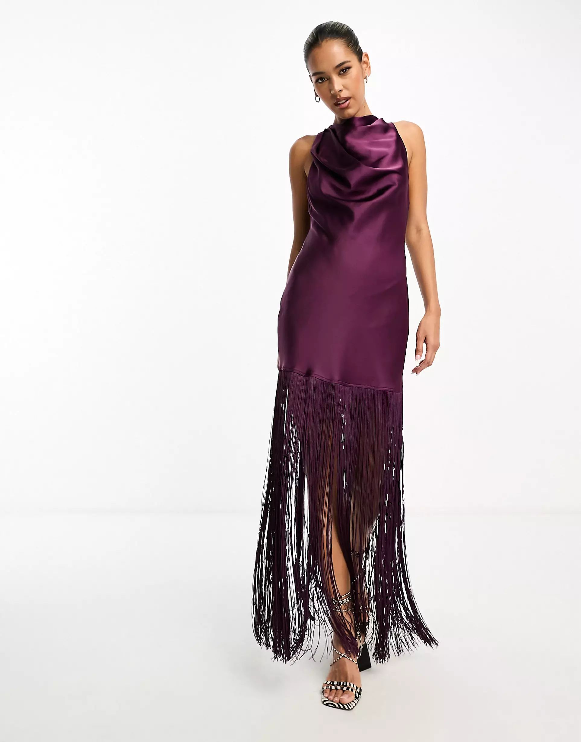 ASOS DESIGN satin halterneck mini dress with fringe hem in purple | ASOS (Global)