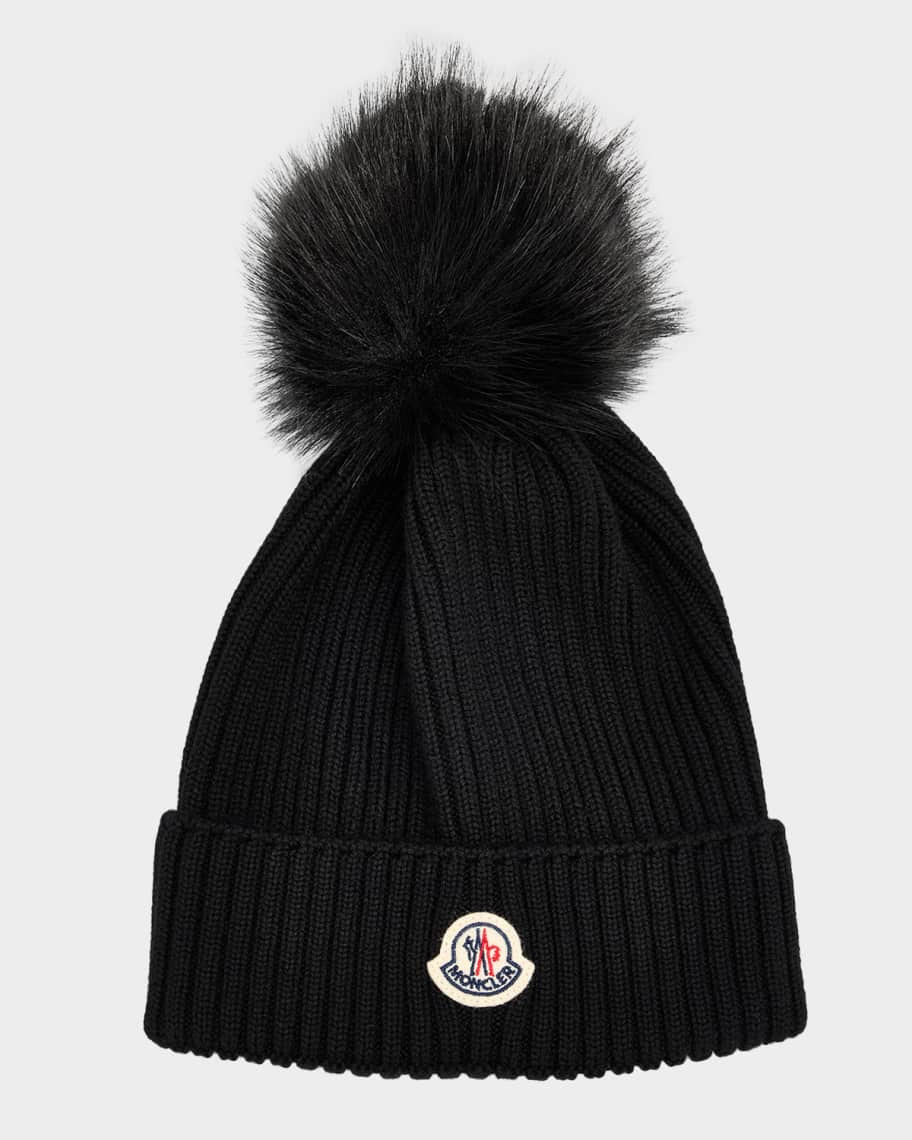 Moncler Ribbed Wool Beanie W/ Faux Fur Pom, Size S-L | Neiman Marcus