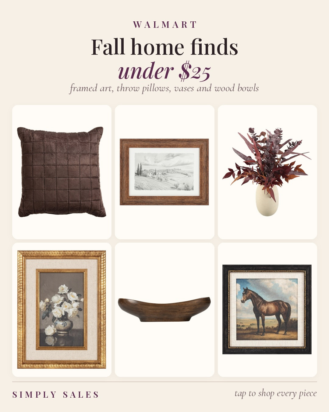 Everything here is under $25, and the framed art starts at $9.88. The velvet pillow comes in brown and tan.

fall home decor, framed wall art, throw pillows, faux fall stems, ceramic vase, wood dough bowl, neutral fall decor, budget home finds, my texas house, better homes and gardens, walmart home 

 #LTKSeasonal #LTKHome #LTKSaleAlert