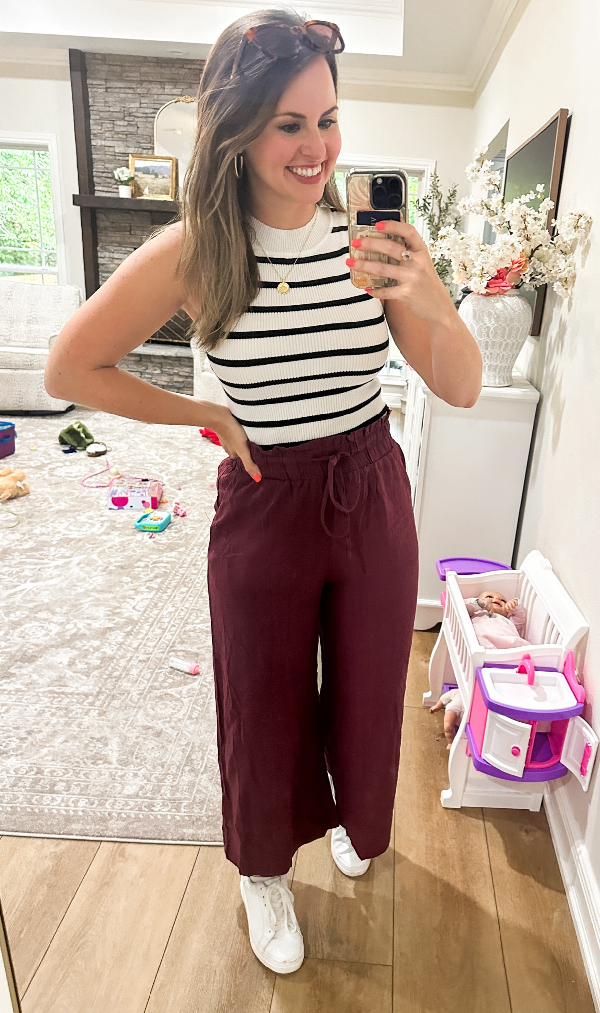 Early fall outfit for our football game! 

Casual outfit , fall style, wide leg pants, striped top, gold jewelry, game day outfit, sports game, mom outfit 

#LTKStyleTip #LTKWorkwear #LTKBacktoSchool