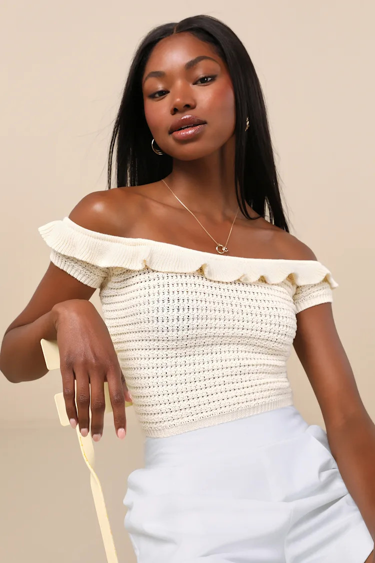 Atarah Cream Open-Knit Off-the-Shoulder Sweater Top | Lulus