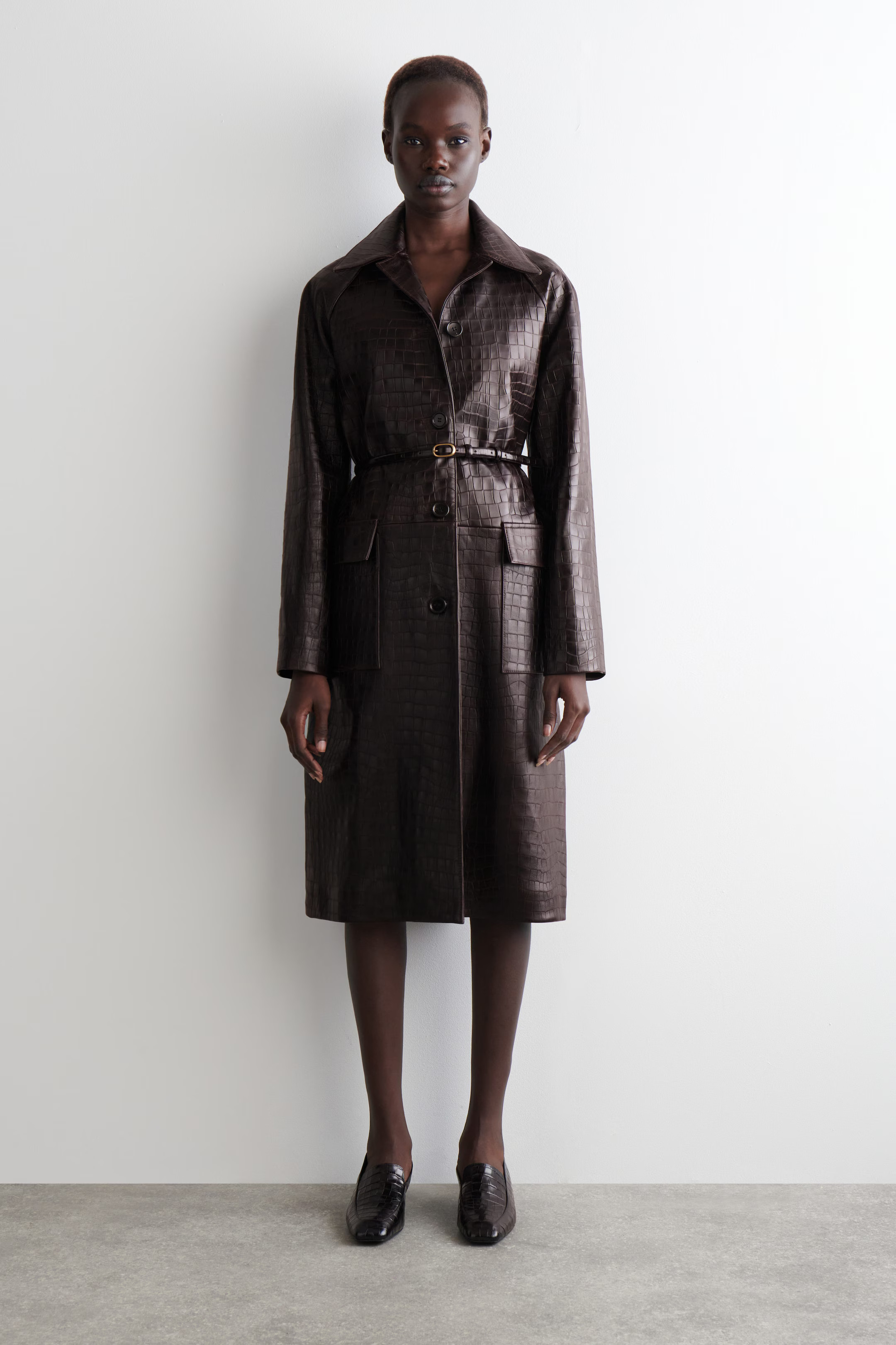 CROC-EMBOSSED LEATHER LONG COAT - DARK BROWN | COS US | COS (US)