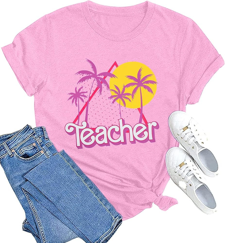 Anbech 80s 90s Teacher Shirt Womens Teach Print Tops Back to School Graphic Casual Tees | Amazon (US)