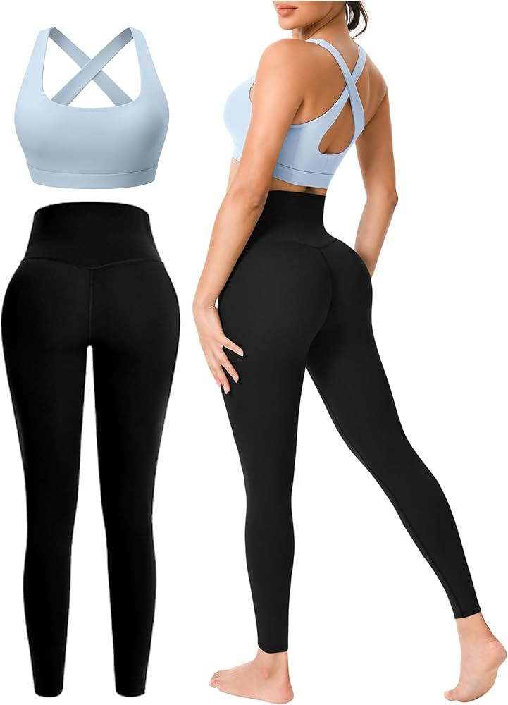 Workout Sets for Women 2 Piece Seamless High-Waisted Leggings & Cross Back Padded Sports Bra for ... | Amazon (US)