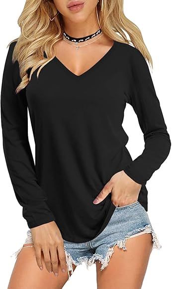 Amoretu Women Summer Short Sleeve V Neck T Shirts Basic Tee Tops | Amazon (US)