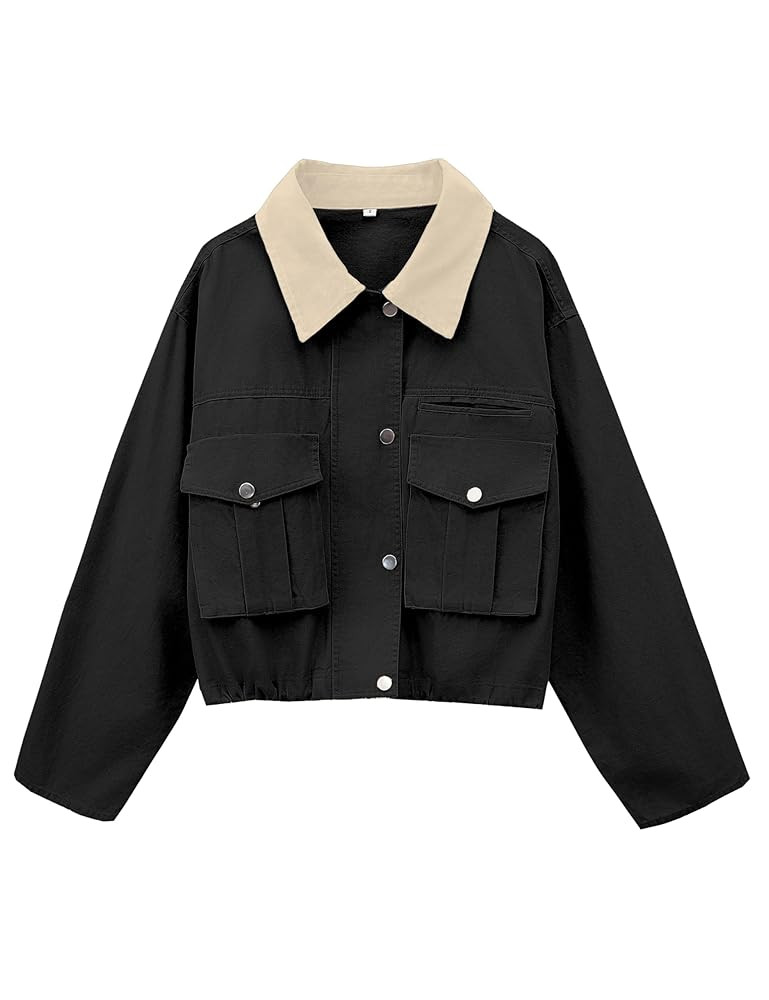 Womens Cropped Jacket Contrast Collar Utility Coat Cargo Jacket Barn Jacket Outwear with Pockets | Amazon (US)