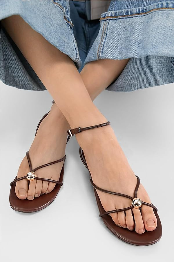 Strappy Flat Sandals for Women Comfortable Open Round Toe Sandals Dressy Beach Thong Flip Flop Sl... | Amazon (US)