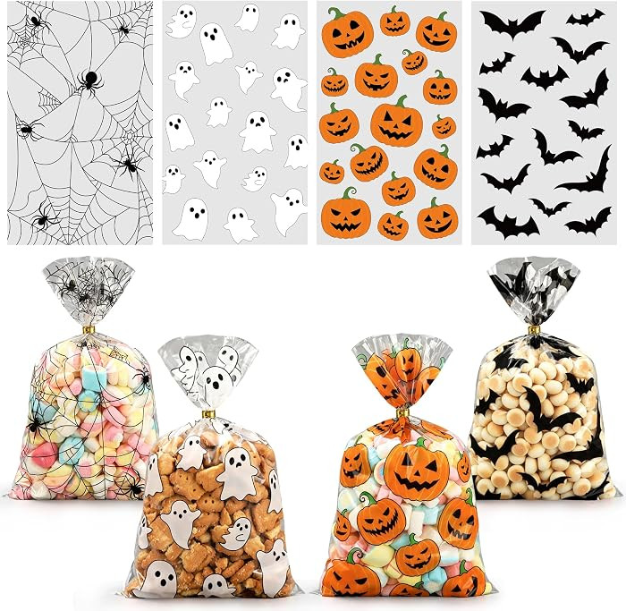 120 PCS Halloween Cellophane Treat Bags 10x6in Pumpkin Ghost Plastic Goodie Bag with Twist Ties B... | Amazon (US)