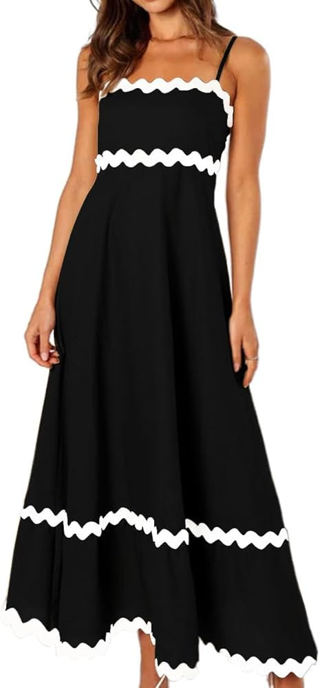 Naileksi Women Spaghetti Strap Rickrack Trim Flowy Maxi Dress Sleeveless Smocked A-line Boho Flar... | Amazon (US)
