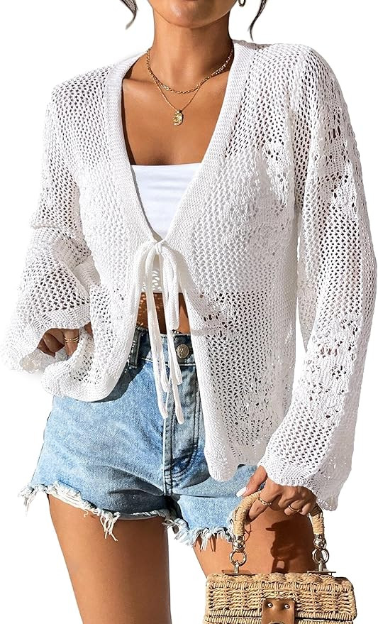 Womens Tie Front Lightweight Crochet Cardigan Shrugs Knit Cardigan Crop Tops Cover Up | Amazon (US)