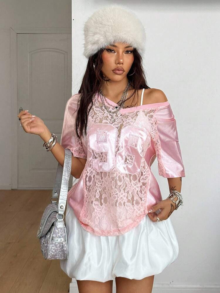 Coolane Women's & Men's All-Season Streetwear Couple Same Style Y2K Gyaru Fairycore Game Day Contrast Lace Number Pattern Patched Oversized Pink Jersey T-Shirt | SHEIN