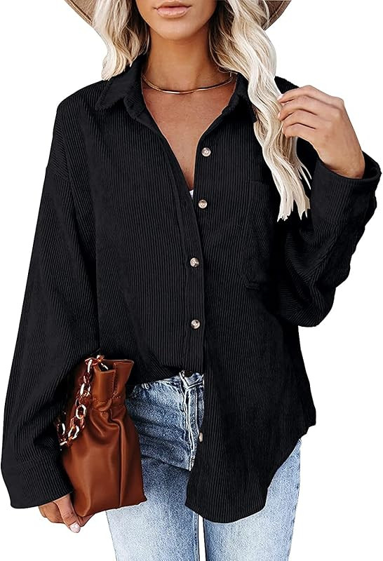 Beaully Women's Corduroy Button Down Pocketed Shirts Casual Long Sleeve Oversized Shirt Blouses T... | Amazon (US)