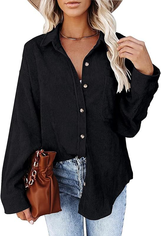 Beaully Women's Corduroy Button Down Pocketed Shirts Casual Long Sleeve Oversized Shirt Blouses T... | Amazon (US)