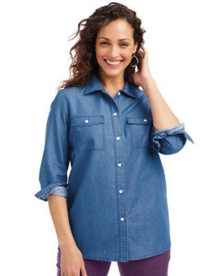 Blair Women's Plus Classic Long Sleeve Shirt, Chambray Blue 3XL | Blair
