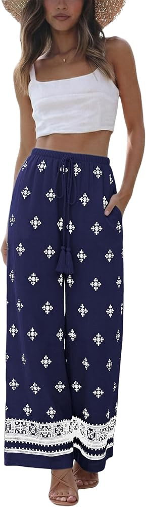 Springrain Women's Boho Wide Leg Linen Pants Casual High Waist Drawstring Summer Floral Palazzo T... | Amazon (US)