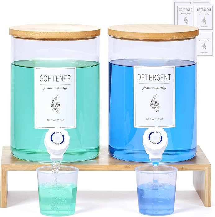 Glass Laundry Detergent Dispenser with Shelf & Bamboo Lid - 120 Oz Liquid Detergent, Laundry Soap... | Amazon (US)