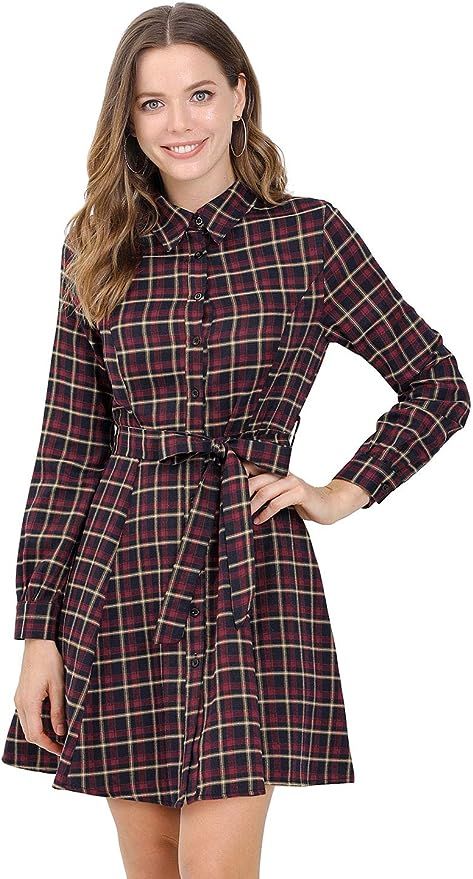 Allegra K Women's Plaid Checkerboard Tie Waist Turnover Collar Rayon Shirt Dress | Amazon (US)