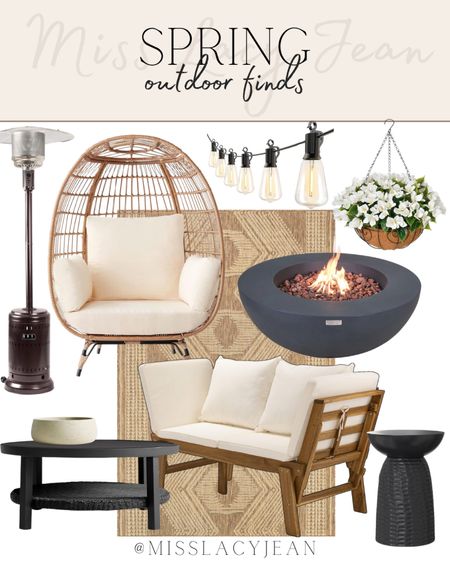 Spring outdoor finds include egg chair, outdoor rug, outdoor heater, fire pit, hanging basket, string lights, outdoor sofa, outdoor coffee table, outdoor side table, tabletop planter.

Home decor, outdoor decor, patio furniture, patio decor, outdoor finds

#LTKstyletip #LTKSeasonal #LTKhome