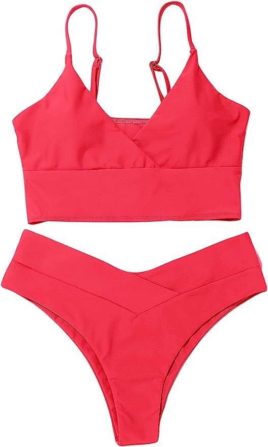 SheIn Women's Swimsuit Wrap V Neck Sleeveless Bikini Top and High Cut Thong Set Bathing Suit | Amazon (US)
