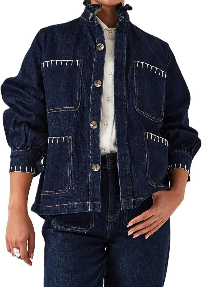 Mxiqqpltky Jean Jacket Women Y2K Ruffle High Neck Puff Sleeve Button Down Denim Shirt Boyfriend D... | Amazon (US)