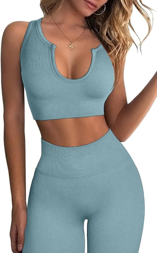 FAFOFA Workout Outfits for Women 2 Piece Ribbed Seamless Crop Tank High Waist Yoga Leggings Sets | Amazon (US)