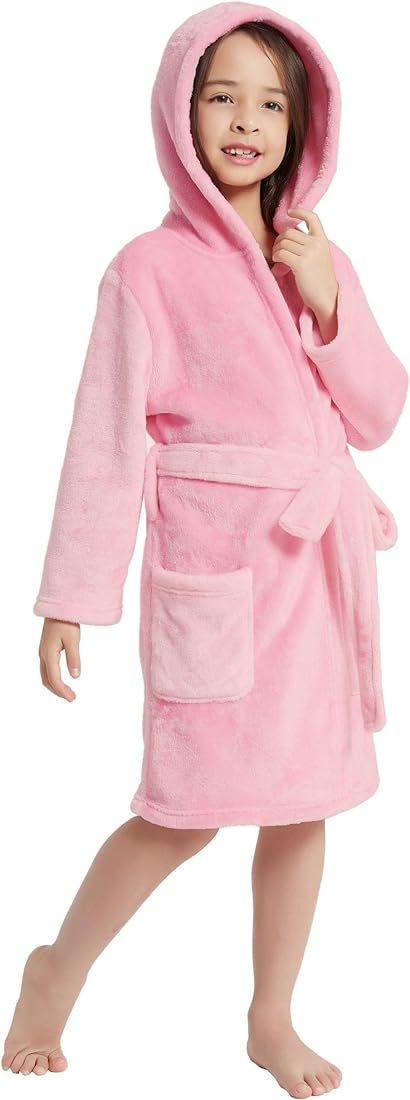 V.&GRIN Boys Girls Fleece Bathrobe, Hooded Toddler Soft Fuzzy Robe for Kids 3-14 Years | Amazon (US)