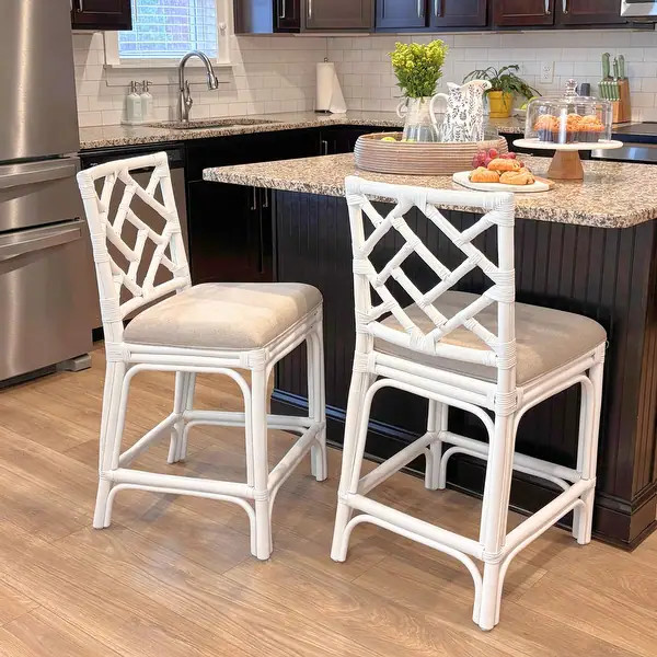 Natural Rattan Handmade Chippendale Single Cushioned Bar Stool by East at Main - White - Counter ... | Bed Bath & Beyond