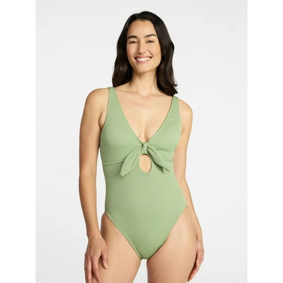 Time and Tru Women's Crinkle Plunge Tie Front One Piece Swimsuit, Sizes XS-3X | Walmart (US)