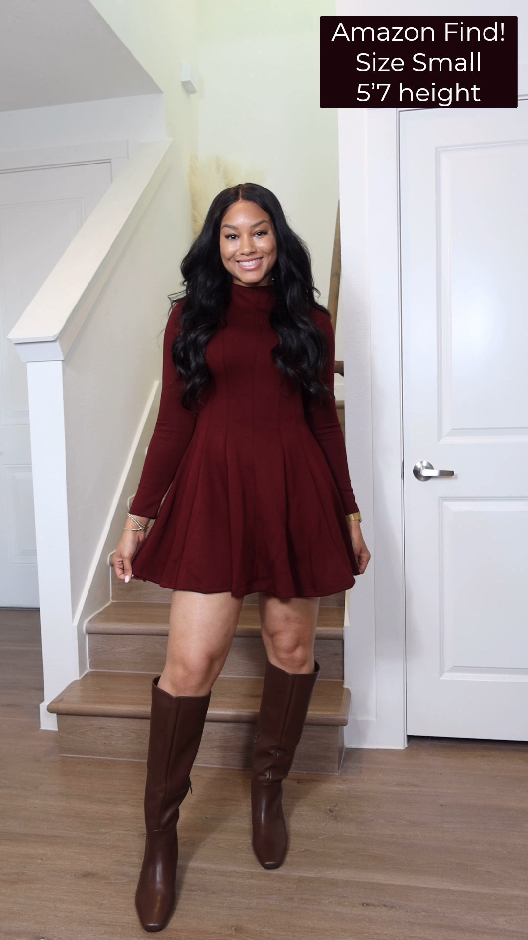 This burgundy mini dress is ON SALE right now, very cute Amazon find - true to size, the color is a true burgundy we love that & the seam detail + fit & flare fit makes it stand out 🍂 perfect Fall dress pairs well with knee high boots 

Amazon fashion find burgundy trending high neck long sleeve dress date night girly feminine flattering stretch

#LTKSaleAlert
