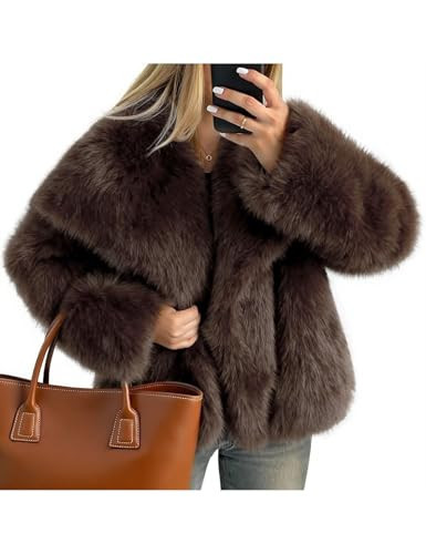 Kissonic Women Faux Fur Coat Long Sleeve Lapel Open Front Shaggy Furry Jacket Warm Fluffy Short Outwear(Brown-M) | Amazon (US)