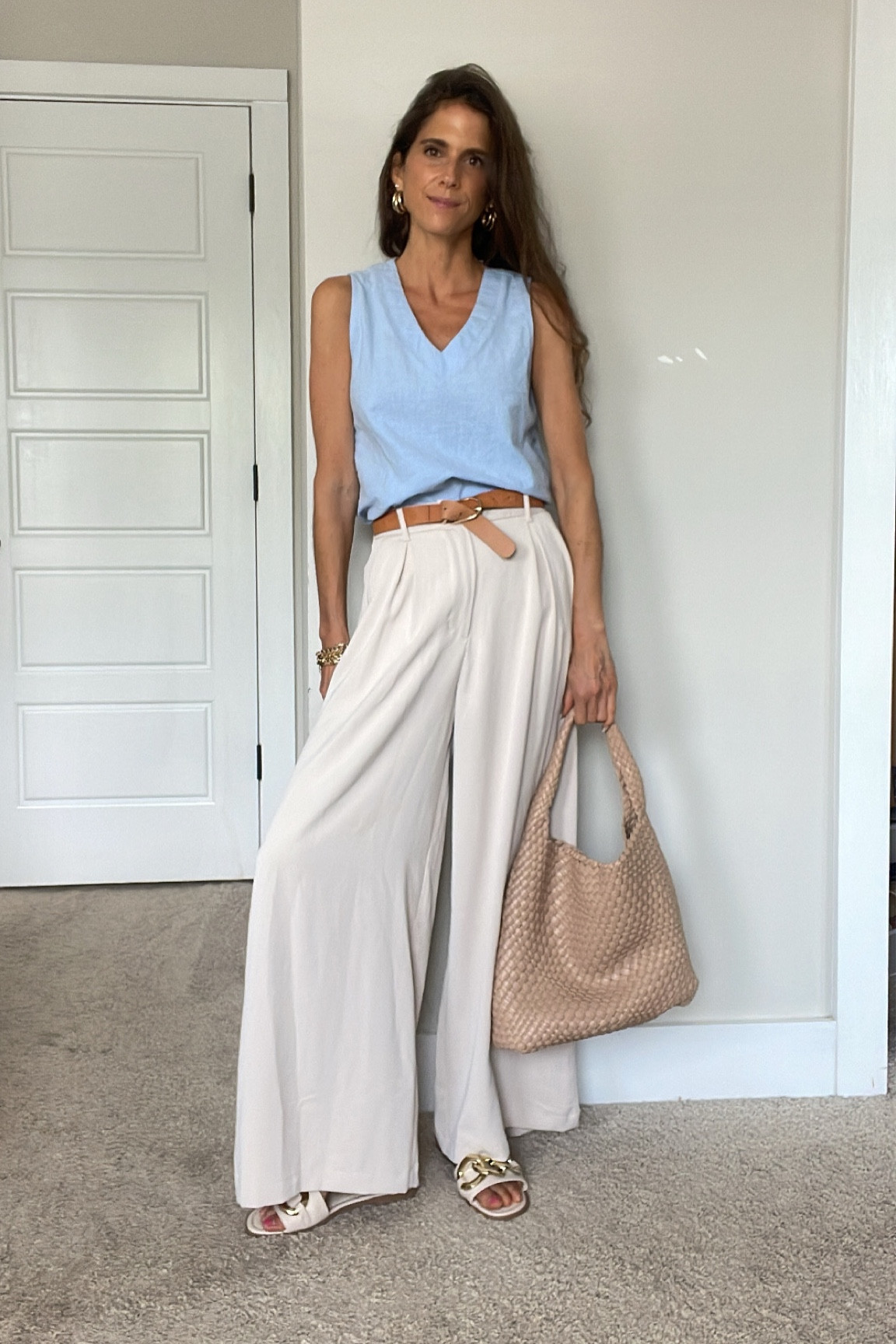 Work outfit | elevated casual outfit | casual chic outfit | linen tank top | summer top | summer pants | woven purse | woven bag | work shoes | summer sandals | classic outfit | Pinterest outfit | classic outfit | work pants 

#LTKunder50 #LTKworkwear #LTKshoecrush
