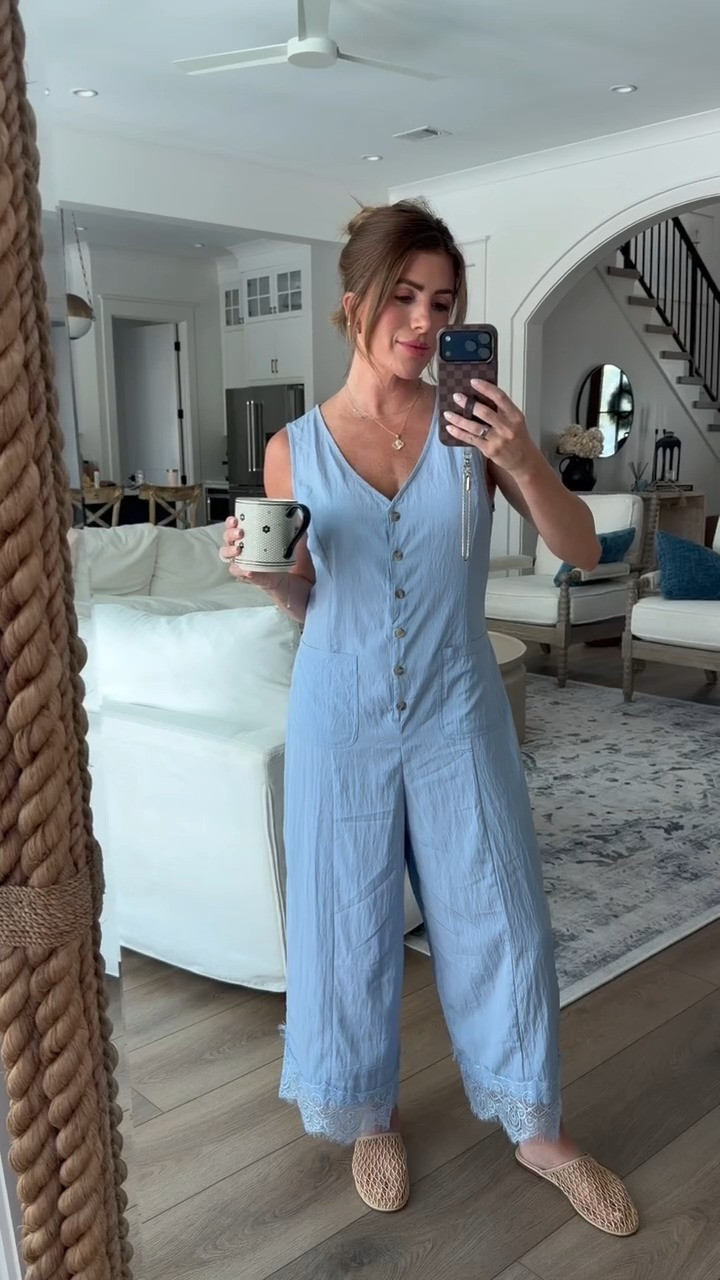 Such a pretty light blue jumpsuit for warm days, the wide-leg silhouette and lace trim give it an effortless feminine feel.

blue jumpsuit, wide leg jumpsuit, summer jumpsuit, casual jumpsuit, lace trim jumpsuit, sleeveless jumpsuit, button front jumpsuit, summer outfit, casual summer style, everyday summer outfit, neutral mules, woven mules, summer shoes, casual outfit, feminine style, vacation outfit, brunch outfit, warm weather style, easy summer outfit, summer fashion finds 

 #LTKootd #LTKOver40 #LTKPetite