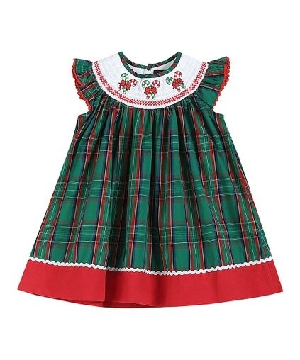 Green &amp; Red Tartan Candy Cane Smocked Angel-Sleeve Dress - Infant, Toddler &amp; Girls | Zulily
