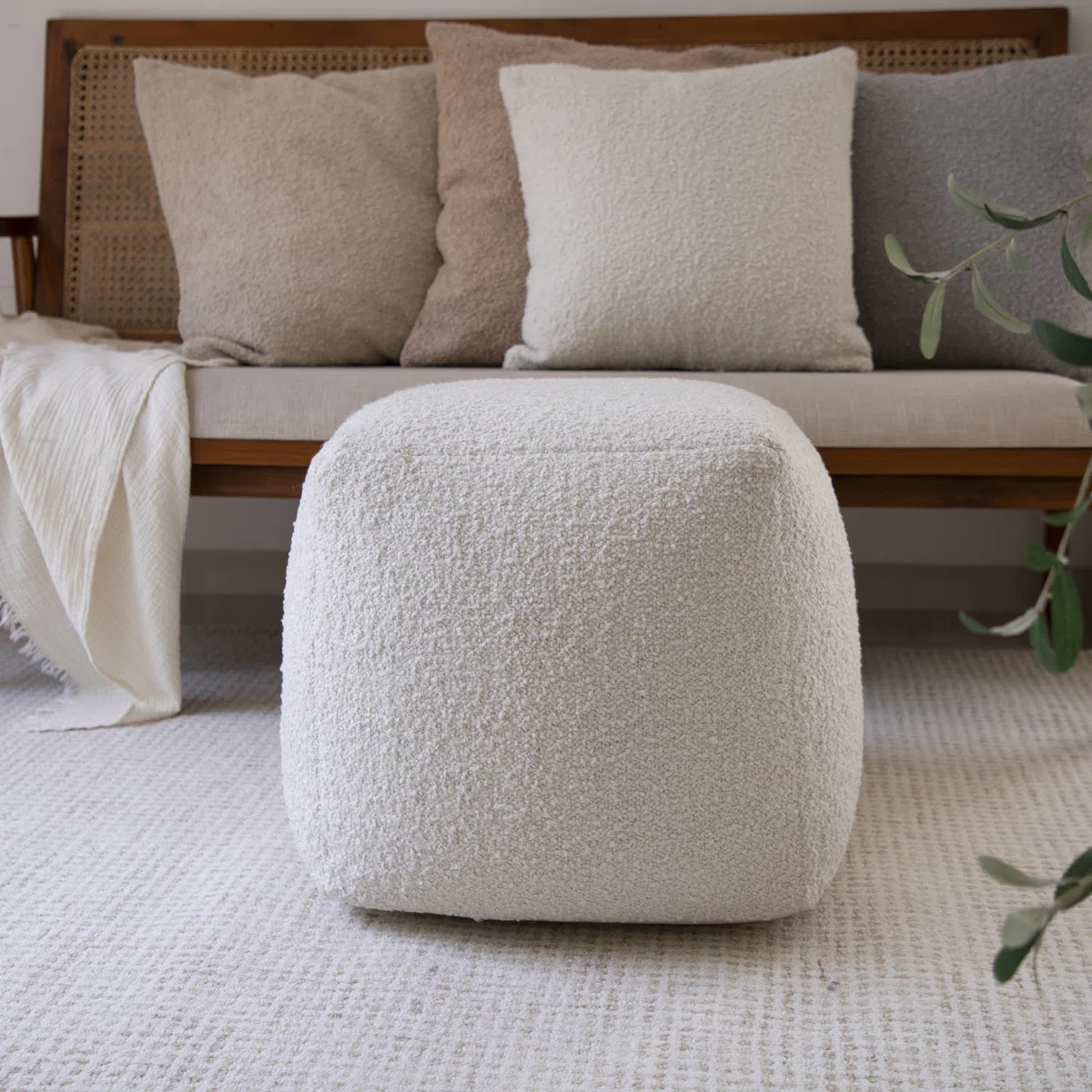 Nertila Handmade Farmhouse Boucle Square Indoor Pouf Ottoman | Wayfair North America