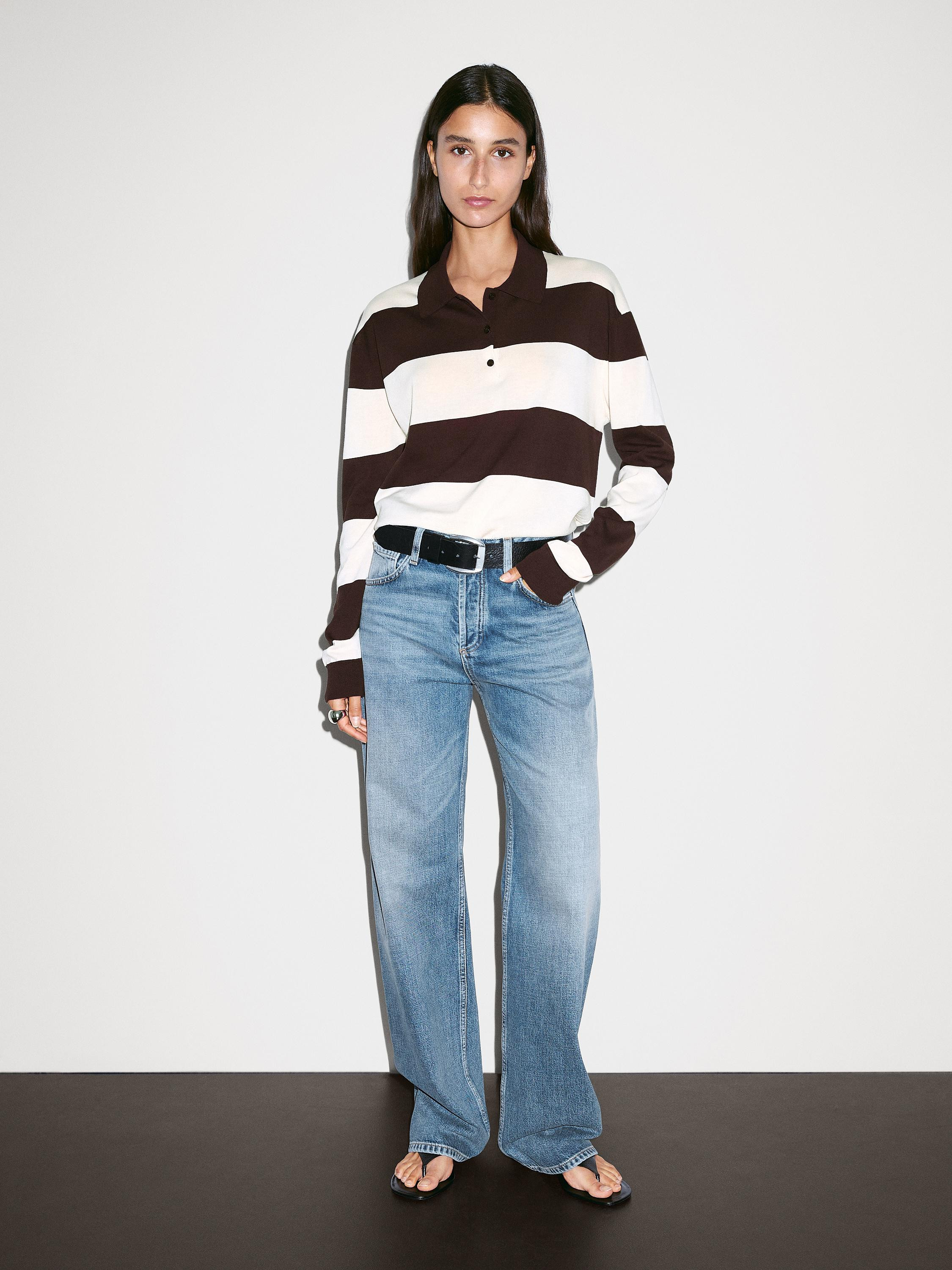 Striped knit sweater with polo collar | Massimo Dutti US