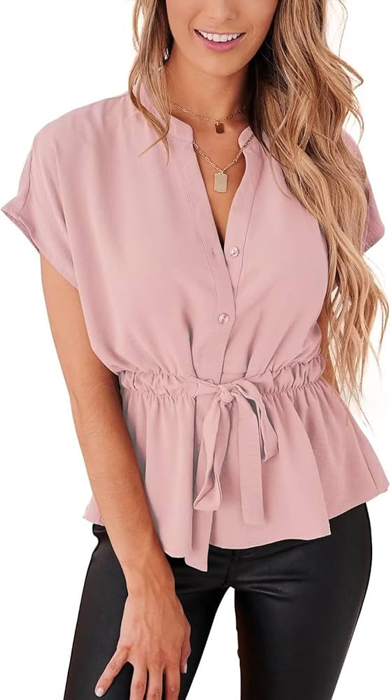 Womens Button Down Blouses Casual Peplum Summer Tops Dressy Chiffon Work Blouse | Amazon (US)