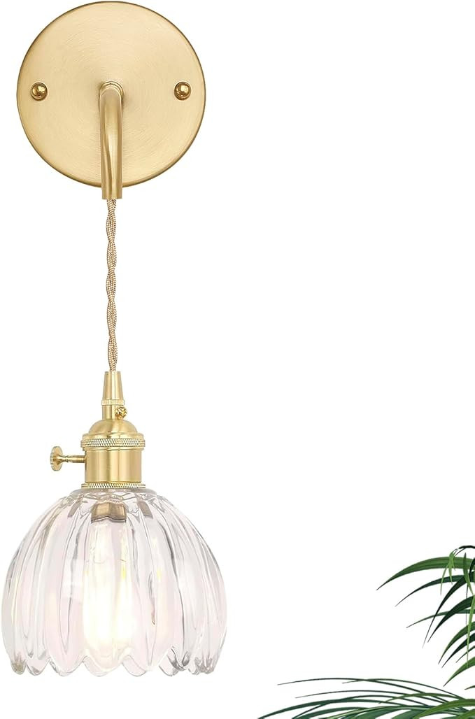 Vintage Wall Sconce Wall Lamp Clear Tulip Shade Pattern Glass Adjustable Chain Retro Gold Wall Mo... | Amazon (US)
