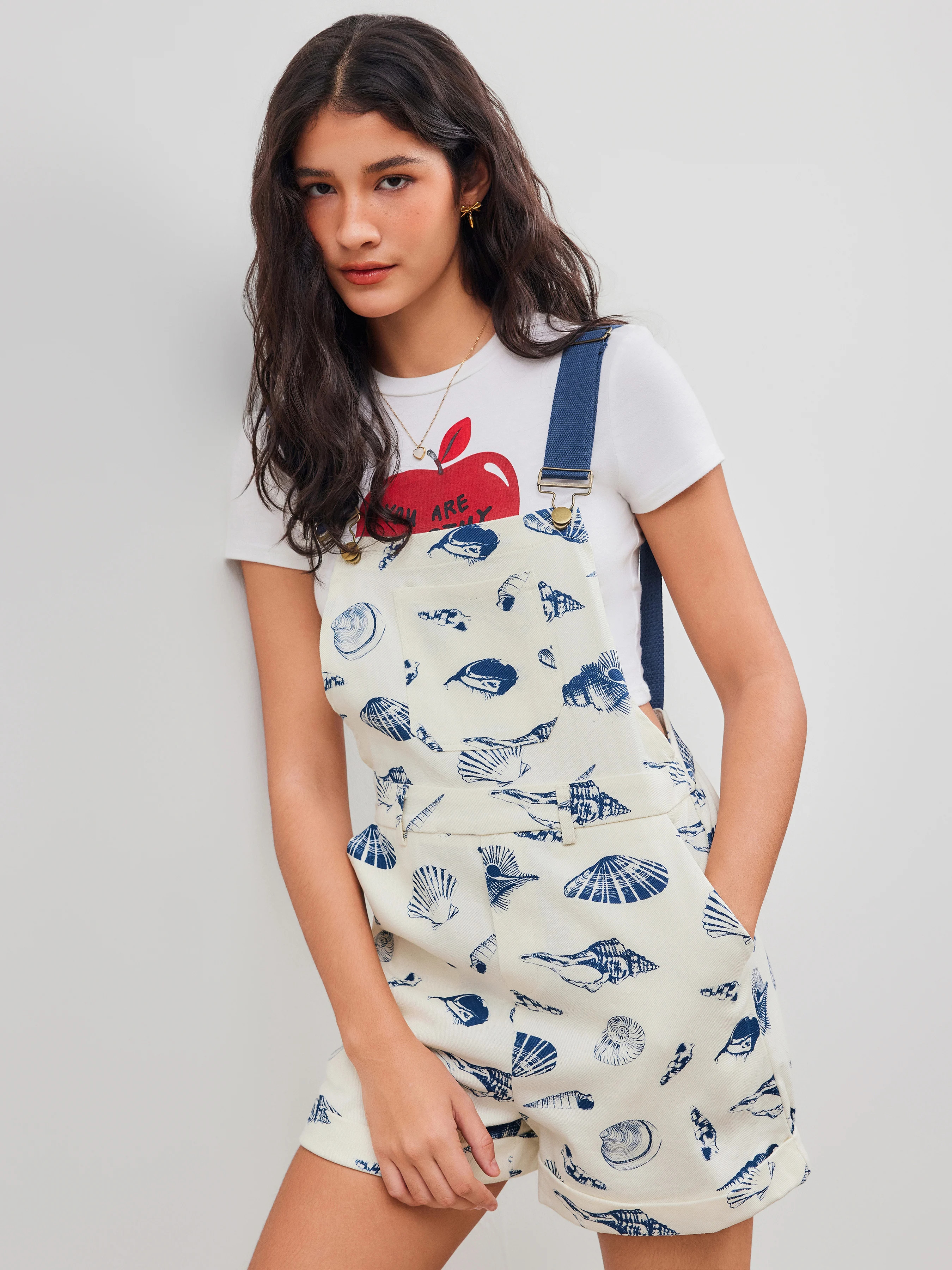 Square Neck Shell Graphic Pocket Romper | Cider
