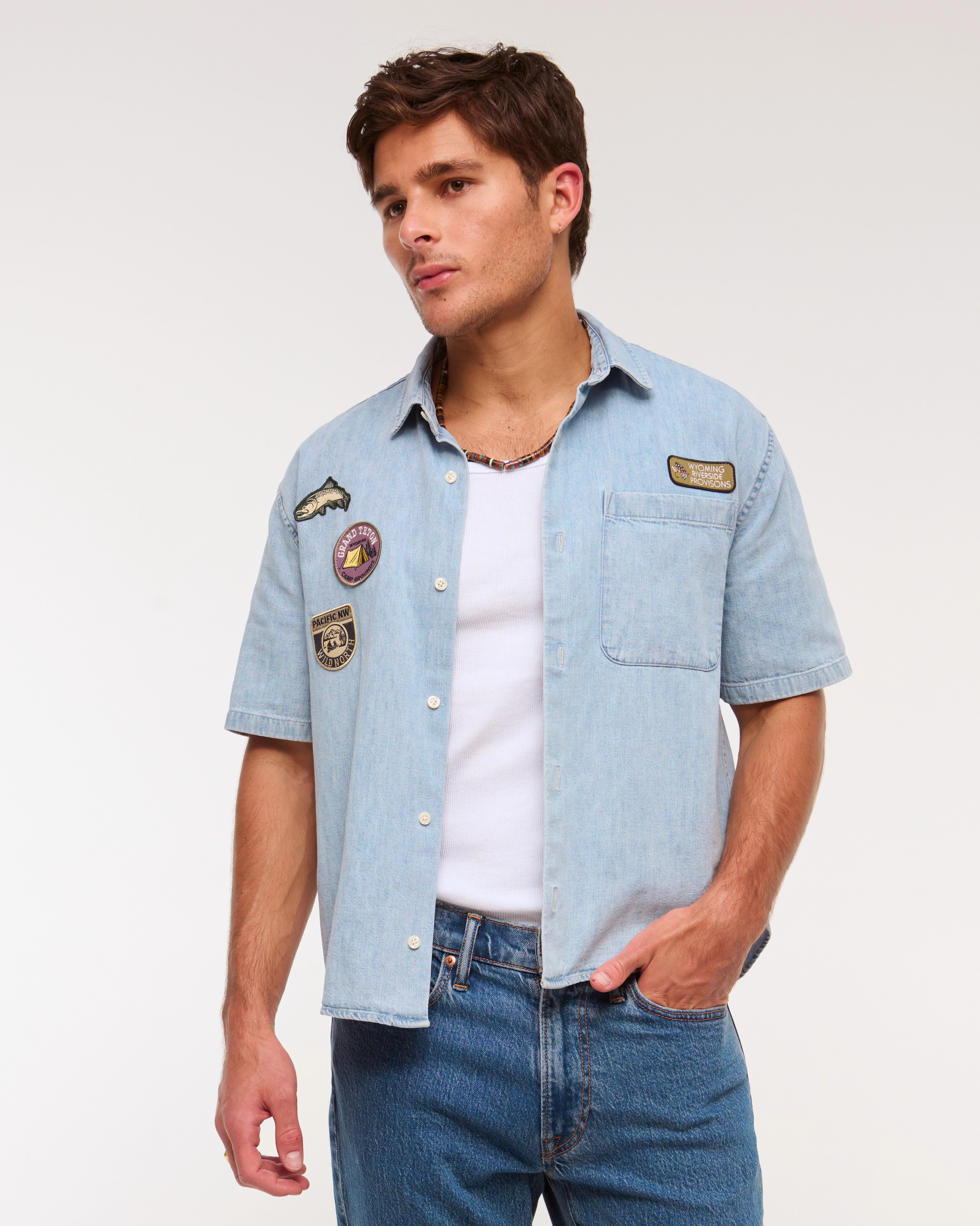 Short-Sleeve Graphic Denim Button-Up Shirt | Abercrombie & Fitch (US)