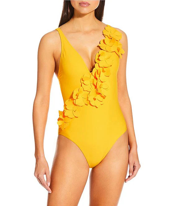 Solid Rosette Deep V-Neck One Piece Swimsuit | Dillard's