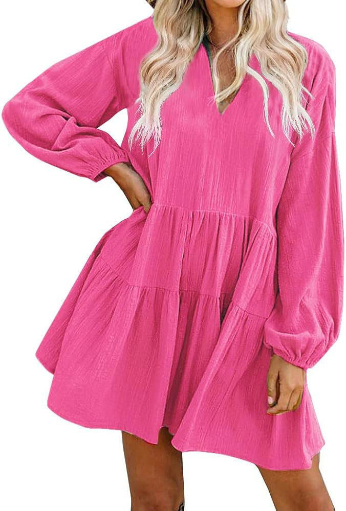 FANCYINN Women’s Cute Shift Dress with Pockets Bell Sleeve Ruffle Hem V Neck Loose Swing Tunic ... | Amazon (US)