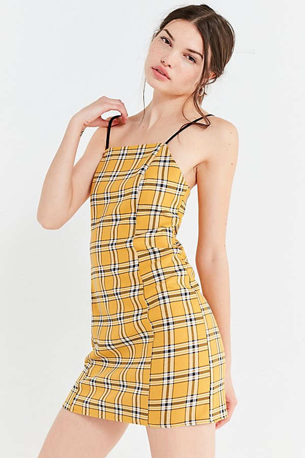 UO Checkered Mini Slip Dress - Yellow M at Urban Outfitters | Urban Outfitters (US and RoW)