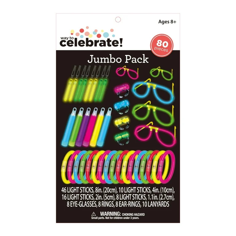 Way to Celebrate! Multicolor Glow Jumbo Pack Party Favors, 80 Count, 8.27in. x 13.5in. x 1in., 50... | Walmart (US)