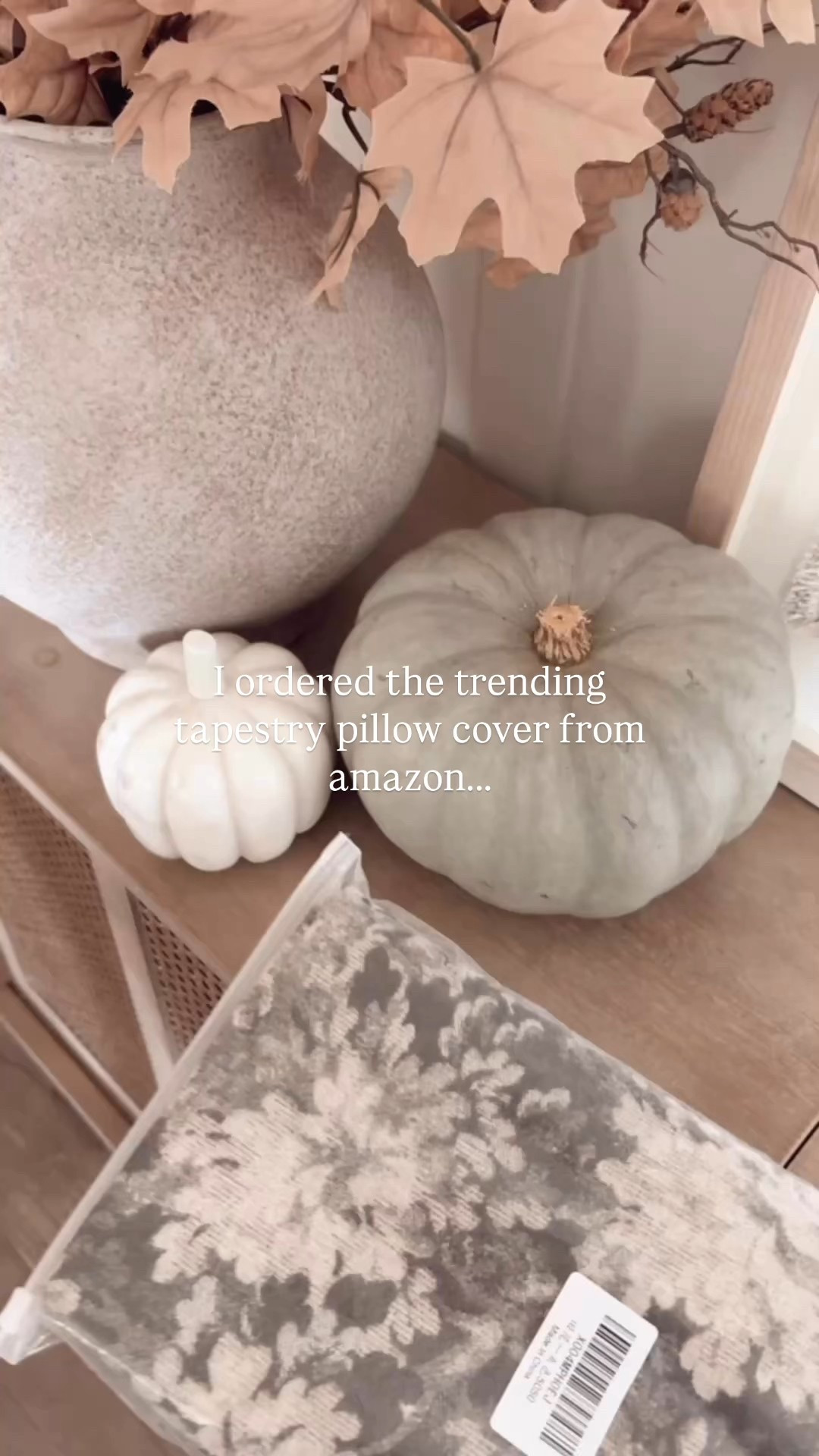 Tapestry pillow cover from Amazon. 

I’m loving this tapestry trend right now, but don’t want to spend a ton of money at places like West Elm, Pottery Barn and McGee & Co. These Amazon covers are so soft, well made, and come in 3 sizes including a lumbar shape, and 4 color combinations. 
Mine is the Grey in size 20 x 20. Highly recommend! 