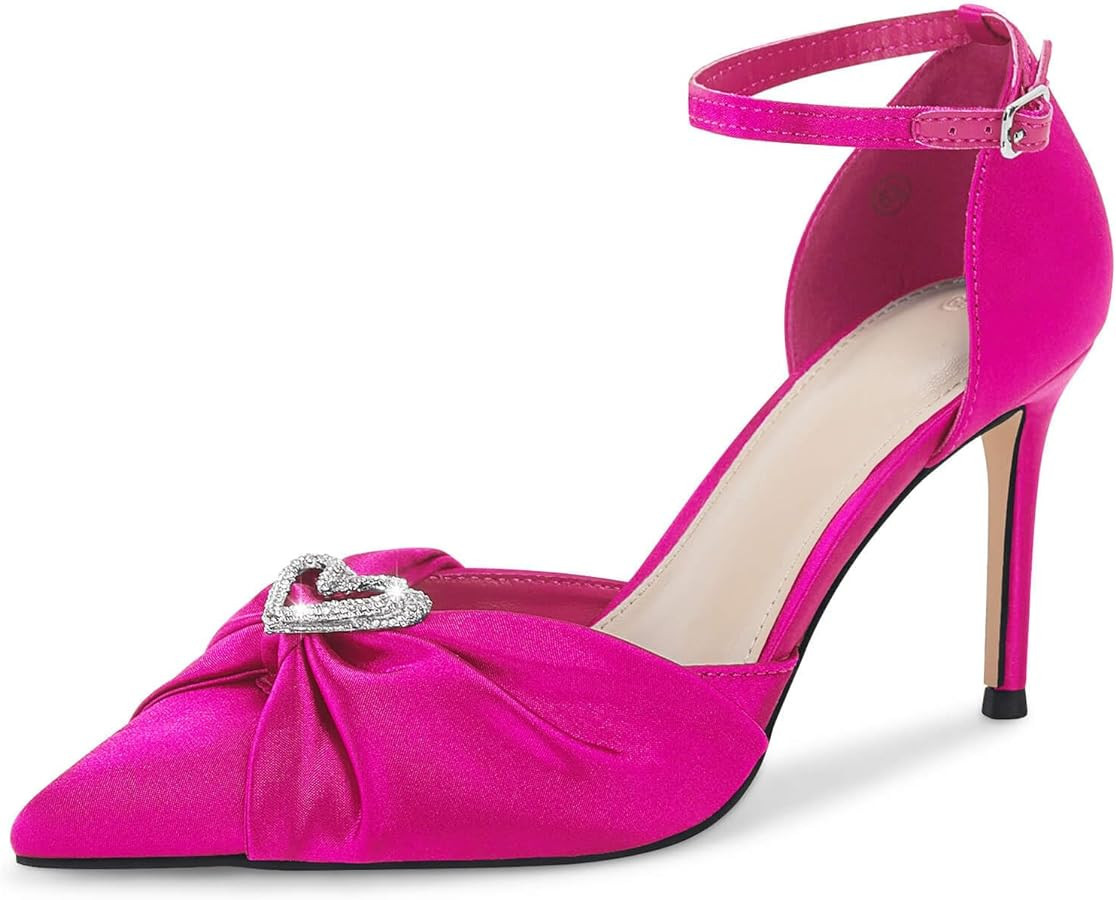 Coutgo Heels for Women Rhinestone Bow Stiletto High Heel Closed Toe Ankle Strap Satin Wedding Bri... | Amazon (US)