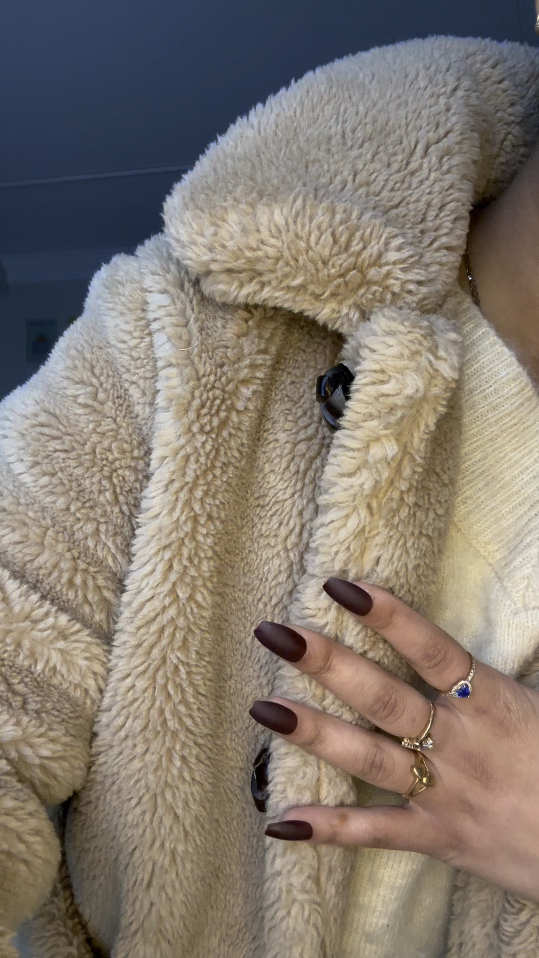 brown teddy coat, beige fuzzy sweater, casual outfit, layered outfit, comfy cozy outfit, ring stack, layered necklaces, brown plaid mini skirt, winter fashion, slicked back hair

#LTKstyletip #LTKfindsunder100 #LTKSeasonal